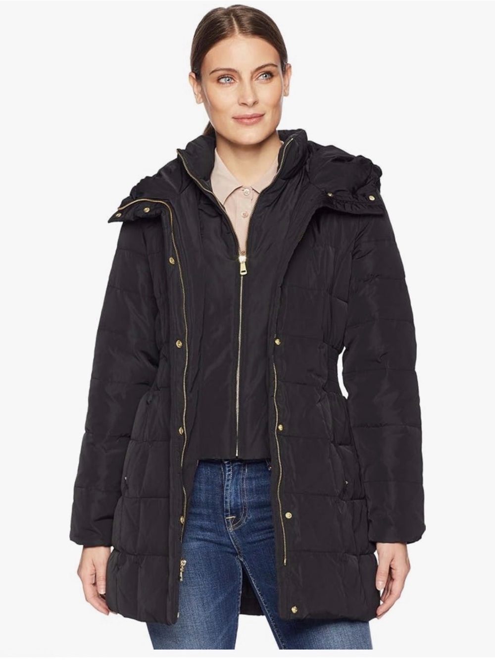 Women's Black Quilted Hooded Puffer Coat- Cole Haan